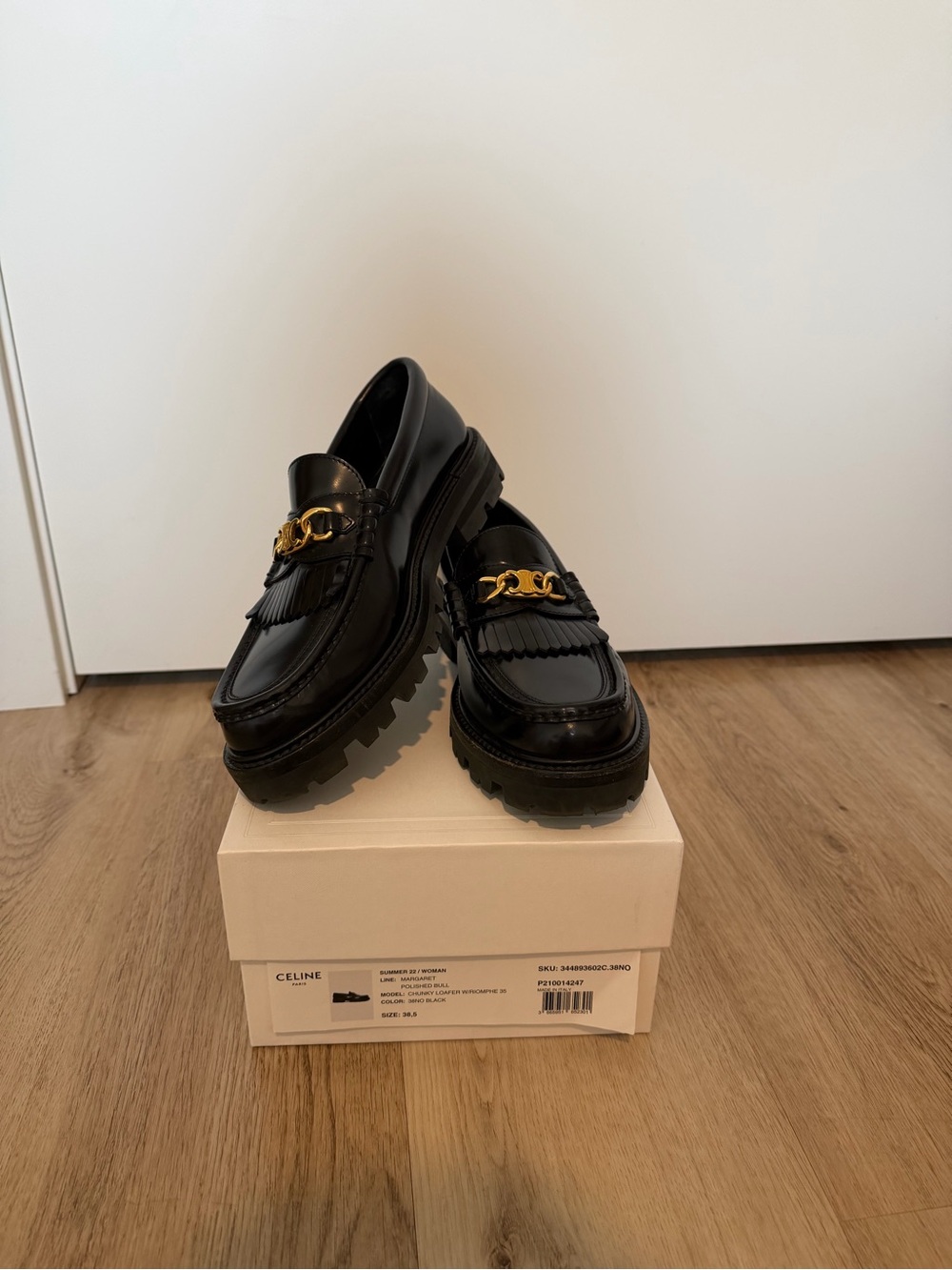 Celine Black Leather Margaret Loafers with Gold Chain